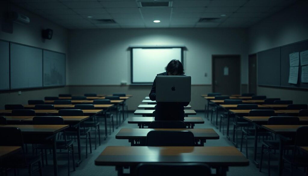 A desolate classroom, desks and chairs in disarray, signifying the isolation and disengagement of online learning. Dim, muted lighting casts a sense of detachment, as a solitary figure hunched over a laptop, disconnected from the physical environment. The background blurred, emphasizing the lack of interaction and community. Subtle hints of technological glitches, such as flickering screens or lagging video, convey the frustrations of online course delivery. An atmosphere of disconnect, information overload, and the loss of the vibrant, collaborative energy of in-person education.
