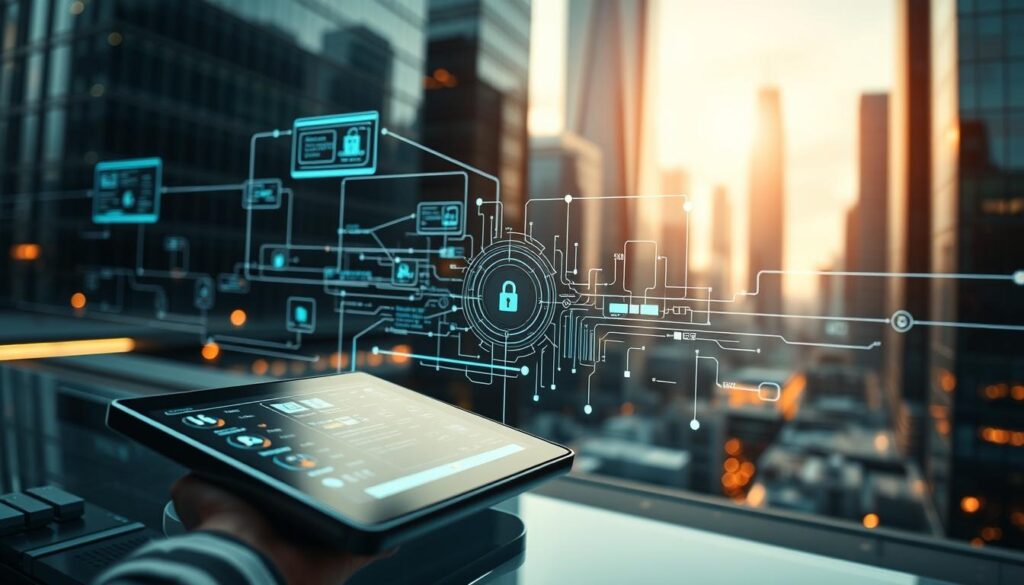 A detailed digital transaction workflow unfolds, with sleek interfaces, data streams, and secure encryption. In the foreground, a touchscreen device displays a streamlined transaction process, its intuitive design guiding the user effortlessly. In the middle ground, abstract data visualizations illuminate the core of the system, lines and shapes pulsing with information. The background depicts a futuristic cityscape, towering glass and steel structures a testament to the digital revolution. Soft, indirect lighting casts a warm glow, while a subtle depth-of-field effect draws the viewer's attention to the central transaction. The overall impression is one of efficiency, innovation, and the seamless integration of technology into everyday life.
