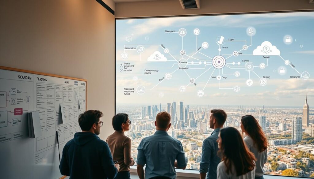 A dynamic, forward-moving scene of an agile software development framework scaling to meet the challenges of digital transformation. In the foreground, a team of developers, designers, and product managers collaborating on a whiteboard, their expressions focused and determined. In the middle ground, a complex network of interconnected Kanban boards, Scrum sprints, and lean methodologies, all adapting and evolving to accommodate the growing needs of the organization. In the background, a panoramic vista of a bustling digital landscape, with towering cloud infrastructure, AI-powered analytics, and a constant flow of data. The scene is illuminated by a warm, natural light, conveying a sense of energy, progress, and the power of scaled agile to drive successful digital transformation.