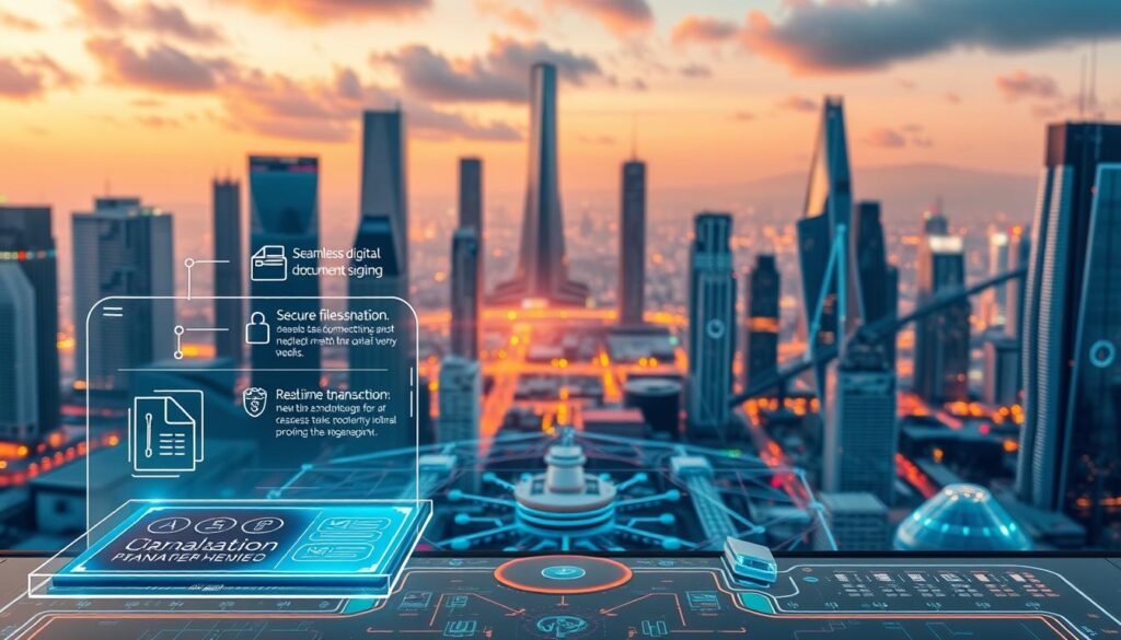 A futuristic digital landscape showcases the key features of a robust transaction management solution. In the foreground, a sleek, holographic interface displays intuitive controls for seamless digital document signing, secure file sharing, and real-time transaction monitoring. The middle ground features a network of interconnected devices, symbolizing the seamless integration of the platform with various business systems. In the background, a cityscape of gleaming skyscrapers and futuristic architecture sets the stage for the efficient, modern, and technology-driven nature of the digital transaction management features. The scene is bathed in a warm, vibrant glow, conveying a sense of reliability, innovation, and progress.