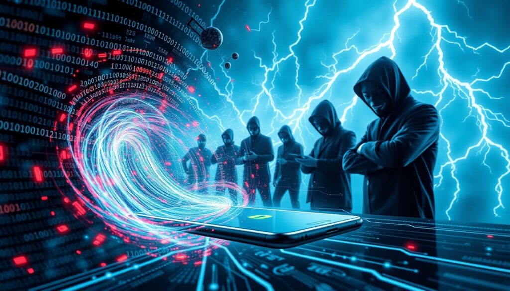 A futuristic scene depicting the challenges of mobile data protection. In the foreground, a sleek smartphone is surrounded by a swirling vortex of binary code, firewalls, and encryption algorithms, symbolizing the complexity of securing mobile devices. In the middle ground, a team of cybersecurity professionals, their faces obscured by digital masks, work diligently to defend against a barrage of hacking attempts, represented by jagged lightning bolts in the background. The entire scene is bathed in a cool, ethereal glow, creating a sense of high-tech tension and the ever-present threat of data breaches in the mobile-first world.