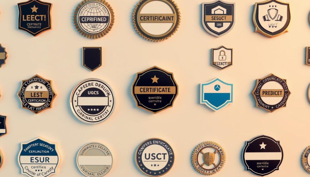 A high-contrast image of a variety of cybersecurity certification badges and emblems arranged in an organized grid layout. The badges should be depicted with crisp, detailed textures and realistic dimensional shading, subtly reflecting warm studio lighting from above. The background should be a plain, slightly muted color that allows the certification symbols to stand out prominently. The overall composition should convey a sense of professionalism, authority, and the importance of these accreditations in the cybersecurity field.