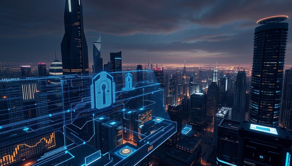 A high-tech cityscape at night, with towering skyscrapers and futuristic architecture. In the foreground, a holographic display showcases intricate cybersecurity systems, with data streams and security protocols flowing through intricate networks. In the middle ground, an AI-powered control center oversees the management of these systems, with sleek interfaces and advanced analytics. In the background, a starry sky and glowing horizon hint at the vastness of the digital realm. Lighting is dramatic, with neon accents and a moody, contemplative atmosphere. Captured with a wide-angle lens to emphasize the scale and complexity of the scene.