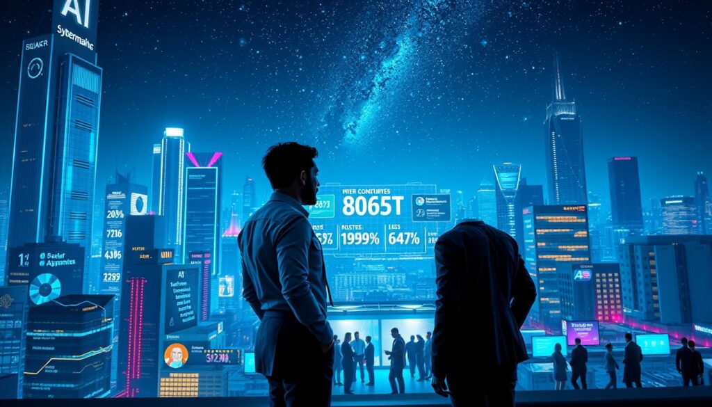 A high-tech cityscape at night, with towering skyscrapers and glowing holographic displays. In the foreground, two professionals in sleek cybersecurity and AI attire stand facing each other, deep in discussion, illuminated by the neon-tinged urban landscape. The middle ground features a bustling job fair, with recruiters and applicants mingling against a backdrop of projected statistics and employment trends. The background is dominated by a vast, star-filled sky, hinting at the boundless potential and rapid evolution of these dynamic tech fields.
