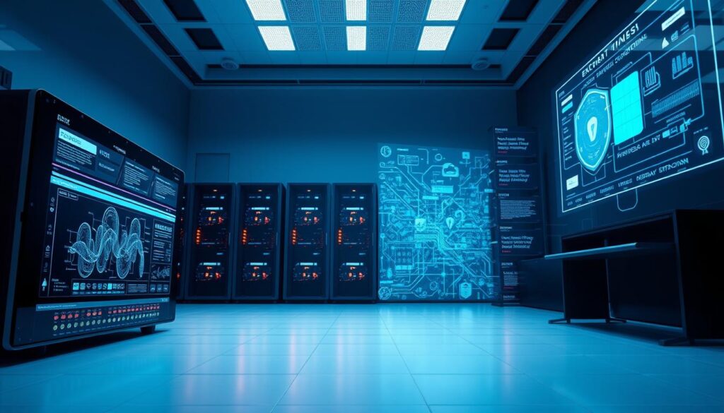 A highly advanced data protection suite, consisting of cutting-edge security tools arranged in a sleek, minimalist workspace. In the foreground, a powerful firewall interface with intricate network visualizations and real-time threat monitoring. Towering server racks in the middle ground, their blinking lights casting a warm glow across the scene. In the background, a vast holographic display showcasing encrypted data flows, access control policies, and anomaly detection algorithms. Subtle blue and white tones create a sophisticated, tech-savvy atmosphere, conveying the reliability and effectiveness of this comprehensive data loss prevention solution.