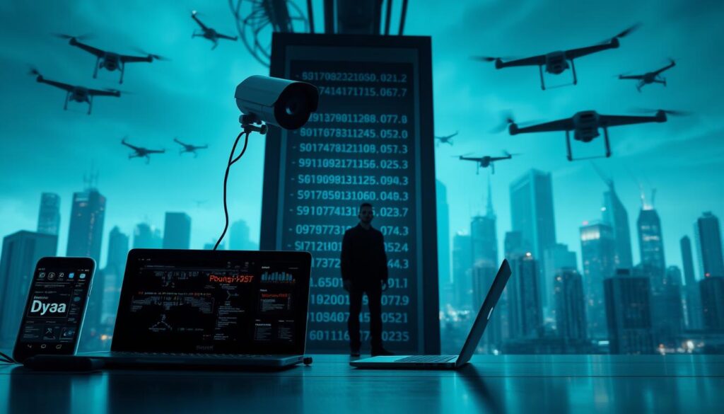 A highly detailed, photorealistic image of various data collection methods used by companies and governments to gather personal information. In the foreground, a smart phone, laptop, and security camera prominently displayed, representing digital data tracking. In the middle ground, a person's silhouette stands in front of a large database server, symbolizing data storage and processing. In the background, a cityscape with high-rise buildings and surveillance drones, conveying the pervasive nature of data collection. The scene is illuminated by cool, blue-tinted lighting, evoking a sense of technology and surveillance. The overall mood is one of unease and unease about the invasive nature of modern data gathering practices.