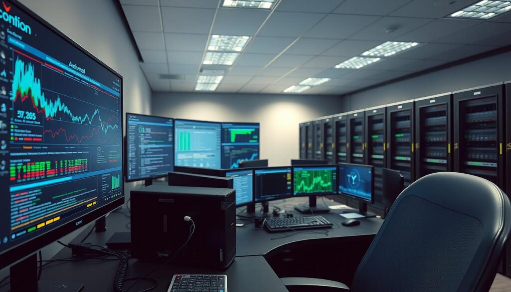 A modern cybersecurity analyst's workstation, featuring a sleek array of threat detection tools. In the foreground, a high-resolution display showcases advanced anomaly detection algorithms, meticulously analyzing network traffic and system logs. The middle ground is occupied by a bank of powerful workstations, their fans gently humming as they process massive datasets, searching for the earliest signs of potential cyber threats. In the background, a bank of server racks stands ready, housing the secure infrastructure that underpins the analyst's crucial work. Soft, indirect lighting casts a subtle glow over the scene, creating a sense of focused intensity and purpose. The overall atmosphere conveys the essential skills required for a successful cybersecurity analyst: keen analytical abilities, deep technical expertise, and a relentless commitment to protecting critical systems.