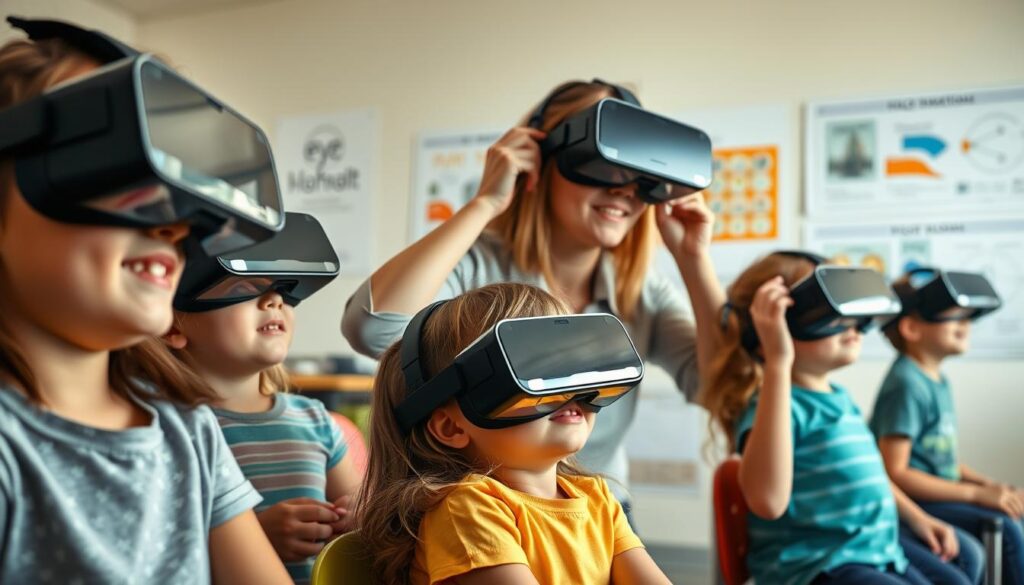 A serene, well-lit classroom setting. In the foreground, a group of young children wearing state-of-the-art virtual reality headsets, their faces expressions of wonder and delight as they explore a digital world. The middle ground features an attentive teacher, carefully monitoring the children's activities and adjusting the equipment as needed. In the background, educational posters and diagrams related to eye health and vision development provide context. The lighting is soft and natural, creating a warm, nurturing atmosphere that emphasizes the importance of responsible VR use for children's visual well-being.