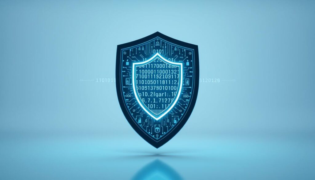 A sleek, futuristic shield emblazoned with encrypted symbols and circuitry, hovering in a serene, minimalist white environment. Glowing lines of code and data streams pulse through the shield, creating a sense of dynamic, impenetrable protection. The shield is illuminated by a soft, omnidirectional lighting, casting subtle shadows and highlights that accentuate its intricate design. The camera angle captures the shield from a low, slightly elevated perspective, conveying a sense of authority and security. The overall mood is one of advanced, cutting-edge cybersecurity, instilling a feeling of confidence and trust in the viewer.