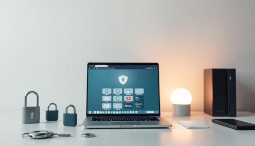 A sleek, minimalist digital privacy command center. In the foreground, various cybersecurity icons and symbols - a lock, a shield, a key - arranged in a stylized composition. In the middle ground, a laptop screen displaying a secure web browser interface, with icons for a VPN, encrypted messaging, and privacy-focused search. The background is a soft, muted gradient, conveying a sense of digital tranquility and protection. Subtle ambient lighting casts a warm glow, creating an atmosphere of technological sophistication and personal empowerment. The overall scene evokes a balance of functionality and elegance, reflecting the tools needed for secure and private online experiences.