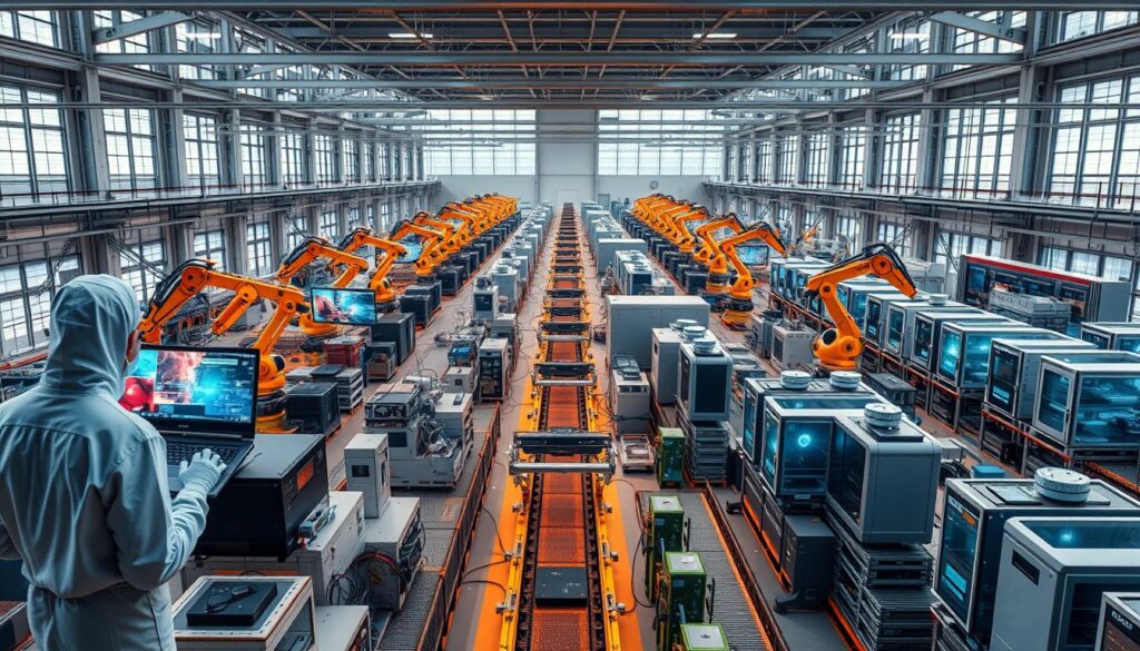 A sprawling agile digital factory, where robotic arms and 3D printers hum in perfect synchronization, illuminated by the warm glow of holographic displays. In the foreground, engineers in clean-room suits monitor real-time data, their faces reflecting the dynamic changes on the screens. The middle ground is a labyrinth of conveyor belts, automated QA stations, and modular production cells, all working in harmony to churn out high-tech components. The background is a panoramic view of the factory floor, with towering ceilings and massive windows that bathe the entire scene in a soft, natural light. A sense of efficiency, innovation, and responsive flexibility permeates the entire space.