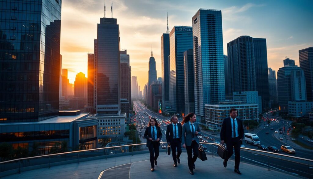 A sprawling cityscape at dusk, with skyscrapers casting long shadows across the streets below. In the foreground, a well-lit corporate office building stands tall, its glass facade reflecting the glowing sunset. In the middle ground, a group of professionals in business attire hurry along the sidewalk, briefcases in hand, their expressions focused and determined. The background is filled with a mix of modern architecture and bustling traffic, hinting at the thriving business environment. The scene conveys a sense of growth, opportunity, and the high demand for skilled cybersecurity analysts to protect the digital assets of these urban centers.
