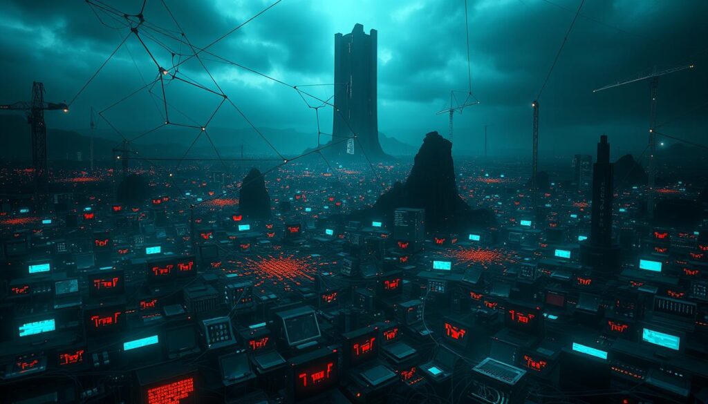 A sprawling digital landscape, crisscrossed with data streams and firewall breaches. In the foreground, a network of interconnected devices, their vulnerabilities exposed, casting ominous shadows. In the middle ground, clusters of binary code and glitching displays, hinting at the unseen threats lurking within. The background dominated by a towering, monolithic structure, its facade cracked and weathered, symbolizing the fragility of our digital security. Dramatic lighting casts an eerie, foreboding atmosphere, the scene illuminated by the flickering glow of screens and the ominous presence of an impending cyber attack.