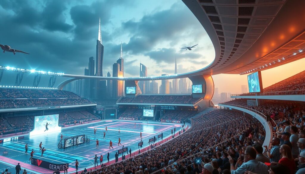 A sprawling futuristic sports stadium, its sleek futuristic architecture bathed in a warm, diffuse glow. In the foreground, athletes compete in a dazzling array of high-tech sporting events - antigravity basketball, electronic motor racing, bioluminescent swimming. Holograms and augmented reality overlays enhance the spectacle, while the crowd gazes in awe through their AR-enabled visors. The background features towering skyscrapers, flying vehicles, and a glimpse of a cityscape teeming with advanced technology. A sense of wonder, excitement, and the thrill of athletic competition pervades the scene.