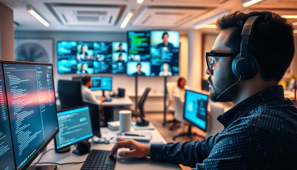 A vibrant office scene depicting the current trends in remote cybersecurity work. In the foreground, a focused cybersecurity analyst examines lines of code on multiple high-resolution monitors, surrounded by a dynamic array of complex visualizations and security dashboards. In the middle ground, colleagues collaborate remotely via video conferencing, sharing insights and analyzing threat data. The background reveals a sleek, modern work environment with ergonomic desks, ambient lighting, and minimalist decor, conveying a sense of professionalism and efficiency. The lighting is bright yet balanced, casting a warm glow over the scene and emphasizing the intensity of the analysts' concentration. The overall atmosphere evokes a fusion of technological sophistication and adaptable, remote-friendly work culture.