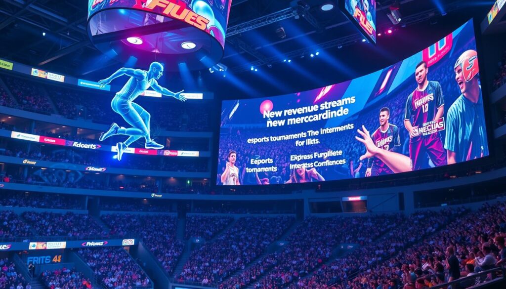 A vibrant sports arena, glowing with futuristic displays and digital holograms. In the foreground, a holographic athlete soars through the air, their movements captured in a fluid, cinematic style. The middle ground features a sleek, curved display showcasing new revenue streams, such as virtual merchandise, esports tournaments, and interactive fan experiences. The background is filled with a dynamic crowd, their faces alight with excitement and engagement. The overall scene conveys a sense of innovation, technology, and the boundless potential of the digital sports landscape.