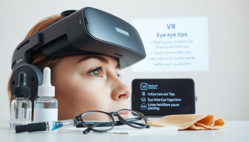 A well-lit, closeup shot of a human eye wearing a high-quality VR headset. The eye should appear relaxed, with a soft, natural gaze. The headset should be sleek and modern, with a comfortable fit. In the foreground, display a selection of eye care accessories such as eye drops, eyeglasses, and a microfiber cloth. In the middle ground, include informative VR eye care tips displayed on a digital display or projection. The background should be clean and uncluttered, with a calming color palette to emphasize the importance of eye health in the VR experience.